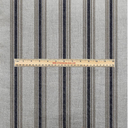 100% LINEN Fabric UPHOLSTERY 12oz - Belgian ticking stripe on natural taupe grey linen - Modern vintage stripe upholstery 2969