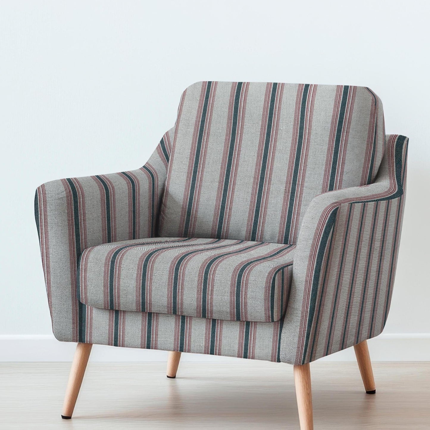 100% LINEN Fabric UPHOLSTERY 12oz - Belgian red ticking stripe on natural taupe grey linen - Modern vintage Grandmillenial upholstery 2969