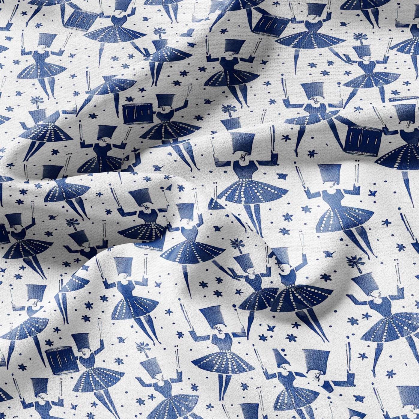 100% LINEN Fabric block print Drummers - blue white print - heavy linen fabric for upholstery home decor 2592
