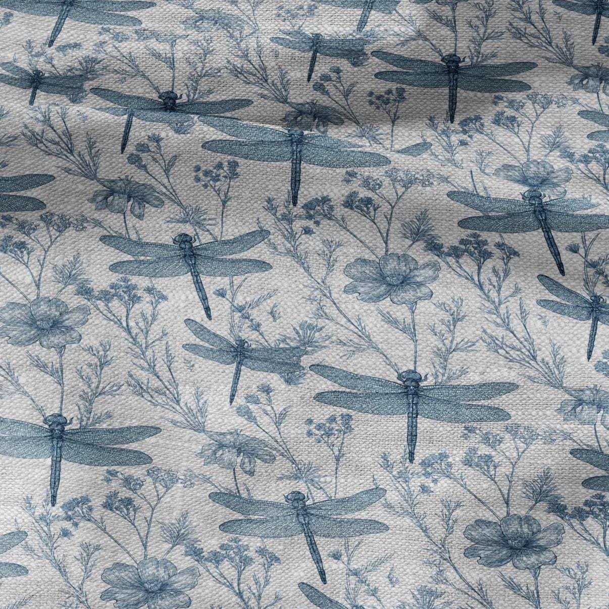 100% LINEN Fabric dragonflies blue print - botanical floral on oatmeal linen - modern vintage 3130