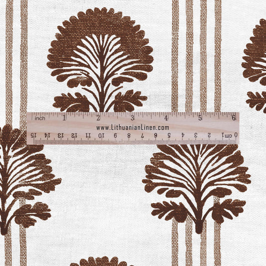 100% LINEN Fabric floral print - brown white stripe block print linen heavy for upholstery home decor - medium for dress making 2800