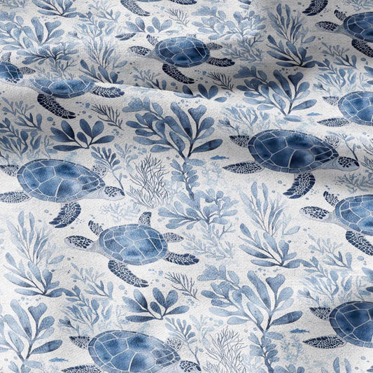 100% LINEN Fabric Toile de Jouy TURTLE in the see - white fabric with blue print heavy linen for upholstery or medium for dress making
