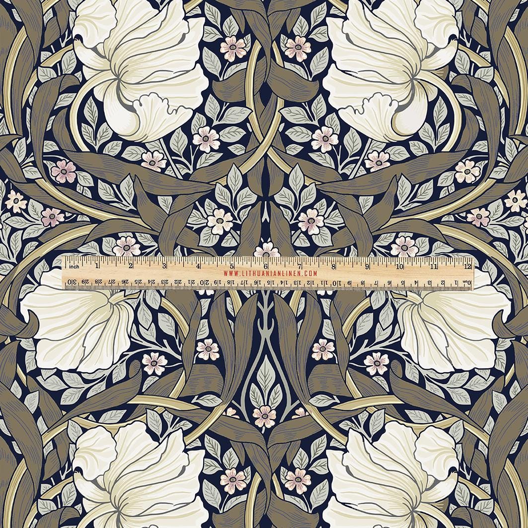 100% LINEN Fabric UPHOLSTERY 12oz - William Morris Pimpernel khaki green print on linen - Victorian art craft - floral upholstery 201K