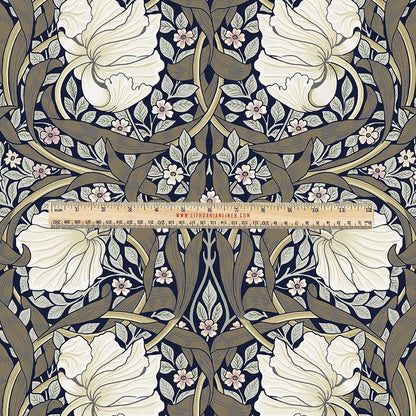 100% LINEN Fabric UPHOLSTERY 12oz - William Morris Pimpernel khaki green print on linen - Victorian art craft - floral upholstery 201K