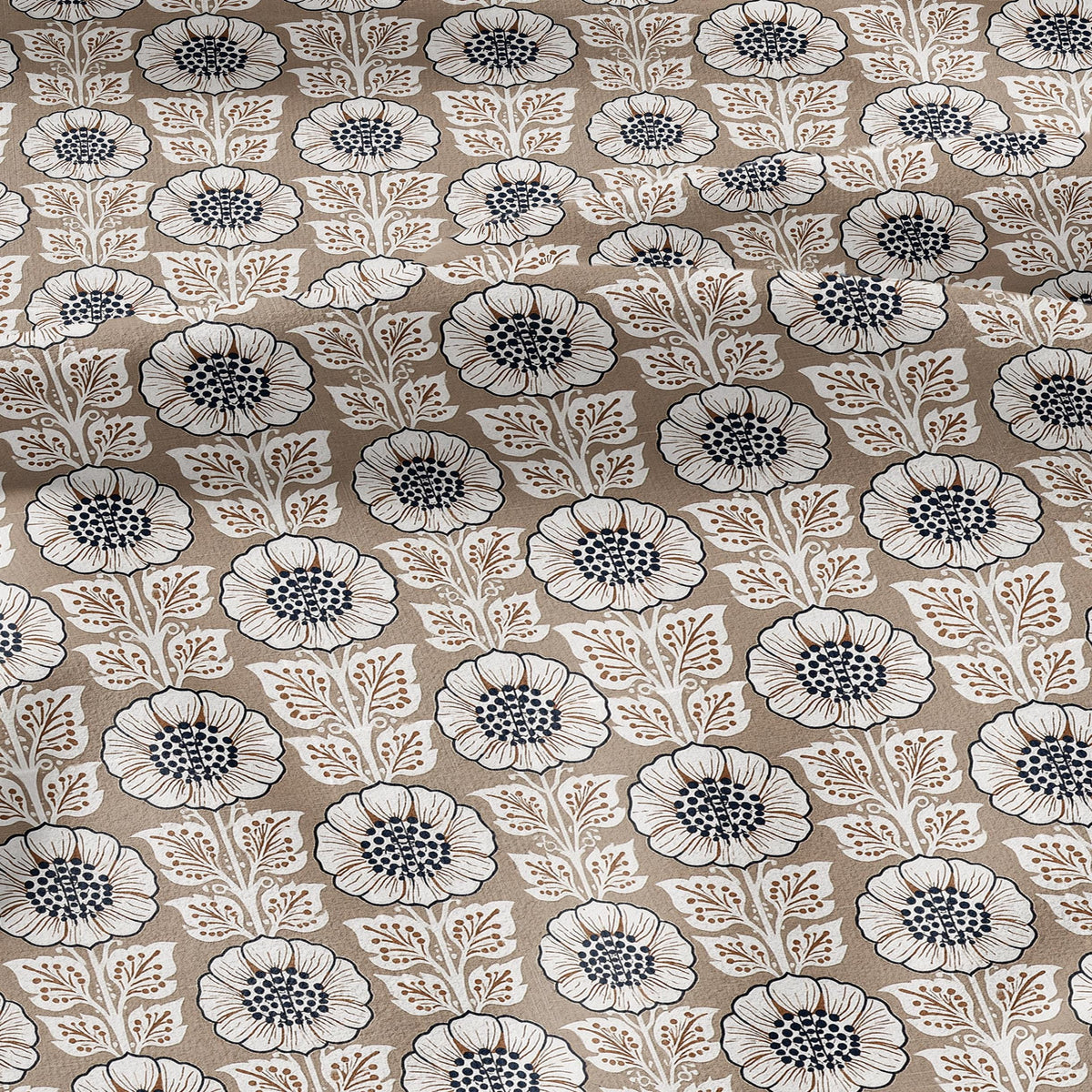 100% LINEN Fabric Beige flower block print - botanical textile artisan fabrics brown white 3808