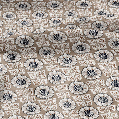 100% LINEN Fabric Beige flower block print - botanical textile artisan fabrics brown white 3808