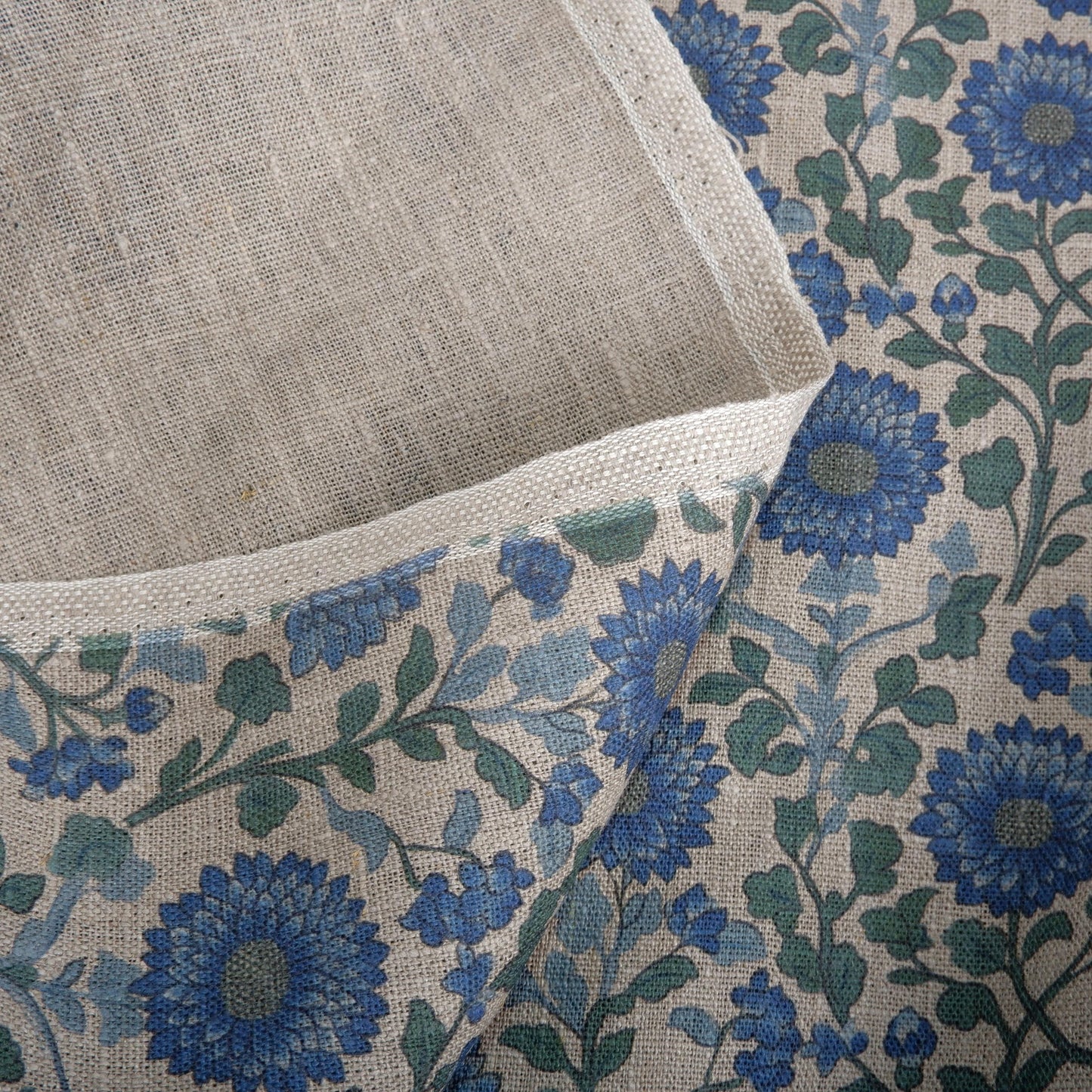 100% LINEN Fabric Mughal floral blue block print on oatmeal natur linen - linen floral upholstery dress making sewing curtains