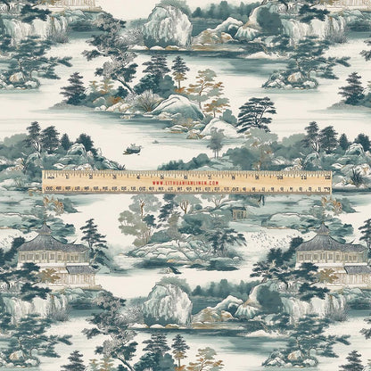 100% LINEN Fabric UPHOLSTERY 12oz - Takayama Japanese landscape blue green print - toile de jouy - scenery pine floral upholstery 2925