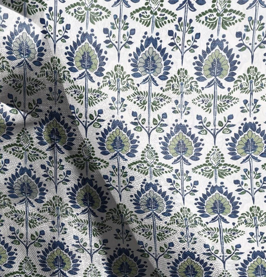 100% LINEN Fabric block print, linen fabric with indian blue floral print, heavy linen fabric for upholstery home decor