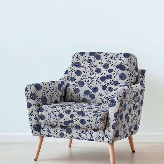 100% LINEN Fabric UPHOLSTERY 12oz - block print indigo blue flowers - Floral Modern Vintage upholstery 2304