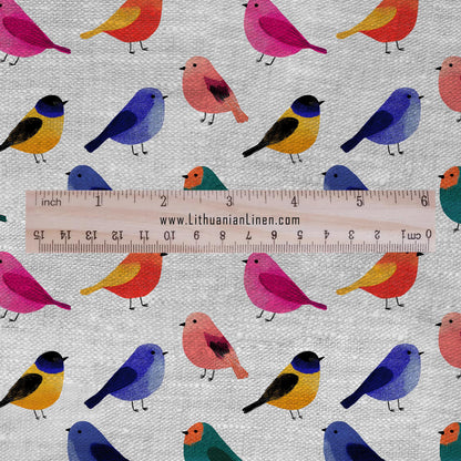 100% LINEN Fabric Colorful birds print on oatmeal natur linen- animal modern - sewing clothing home textile light upholstery 2887
