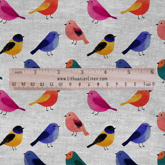 100% LINEN Fabric Colorful birds print on oatmeal natur linen- animal modern - sewing clothing home textile light upholstery 2887