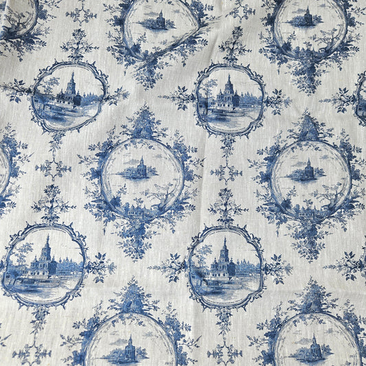 100% LINEN Fabric Toile de jouy Castle  -  Medalion floral print on oatmeal linen for home decor sewing dress clothing 2635