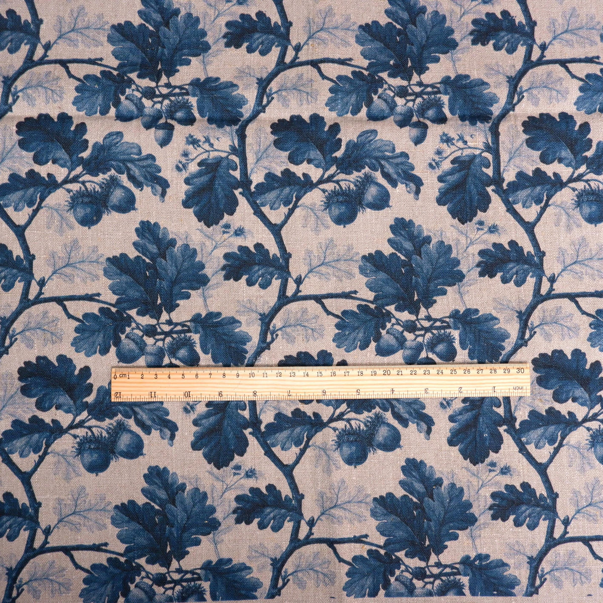 100% LINEN Fabric print Oak leaves with acorn blue grey -  floral botanical print - heavy for upholstery home decor clothing 3712