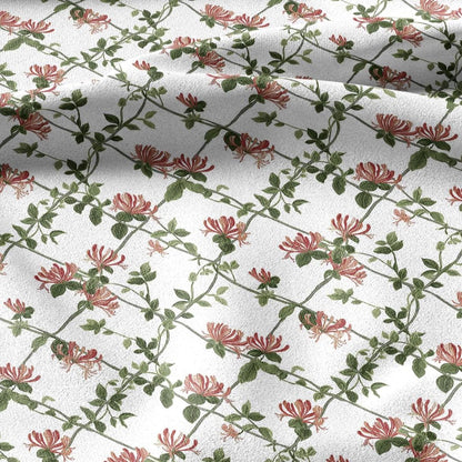 100% linen fabric honeysuckle trellis print - Vintage floral botanical modern Victorian  green pink white 3357