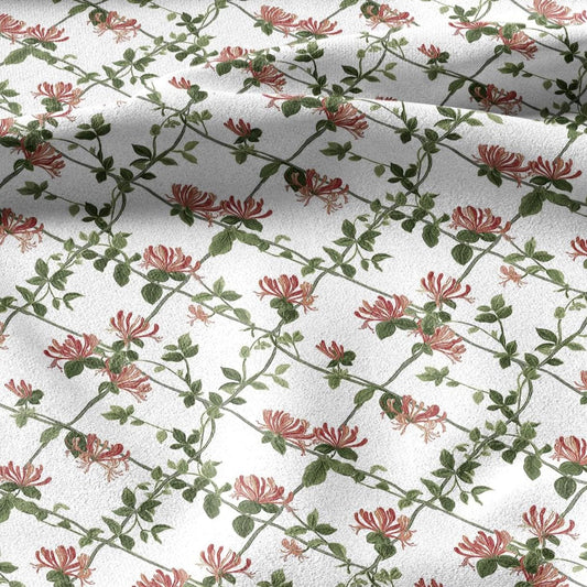 100% linen fabric honeysuckle trellis print - Vintage floral botanical modern Victorian  green pink white 3357