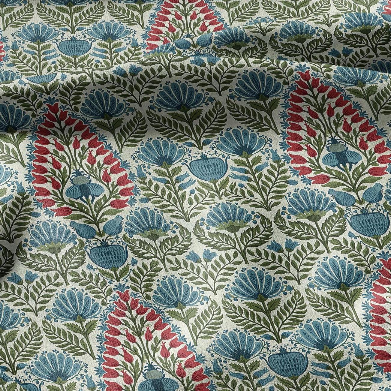 100% linen fabric Paisley floral print - Vintage pink red green botanical  - modern vintage  3400