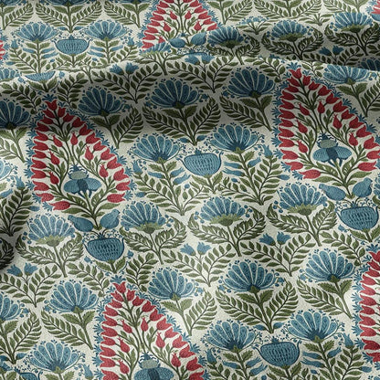 100% linen fabric Paisley floral print - Vintage pink red green botanical  - modern vintage  3400