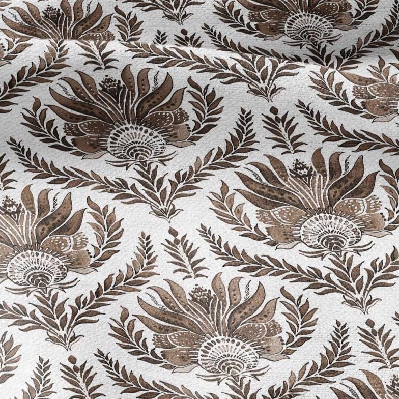 100% LINEN Fabric French block print sepia print - Walnut leaves botanical stripe upholstery home textile artisan brown white 3256
