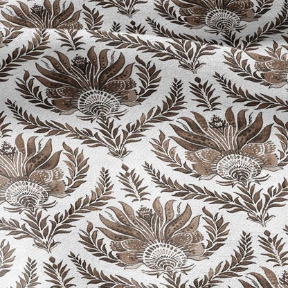100% LINEN Fabric French block print sepia print - Walnut leaves botanical stripe upholstery home textile artisan brown white 3256