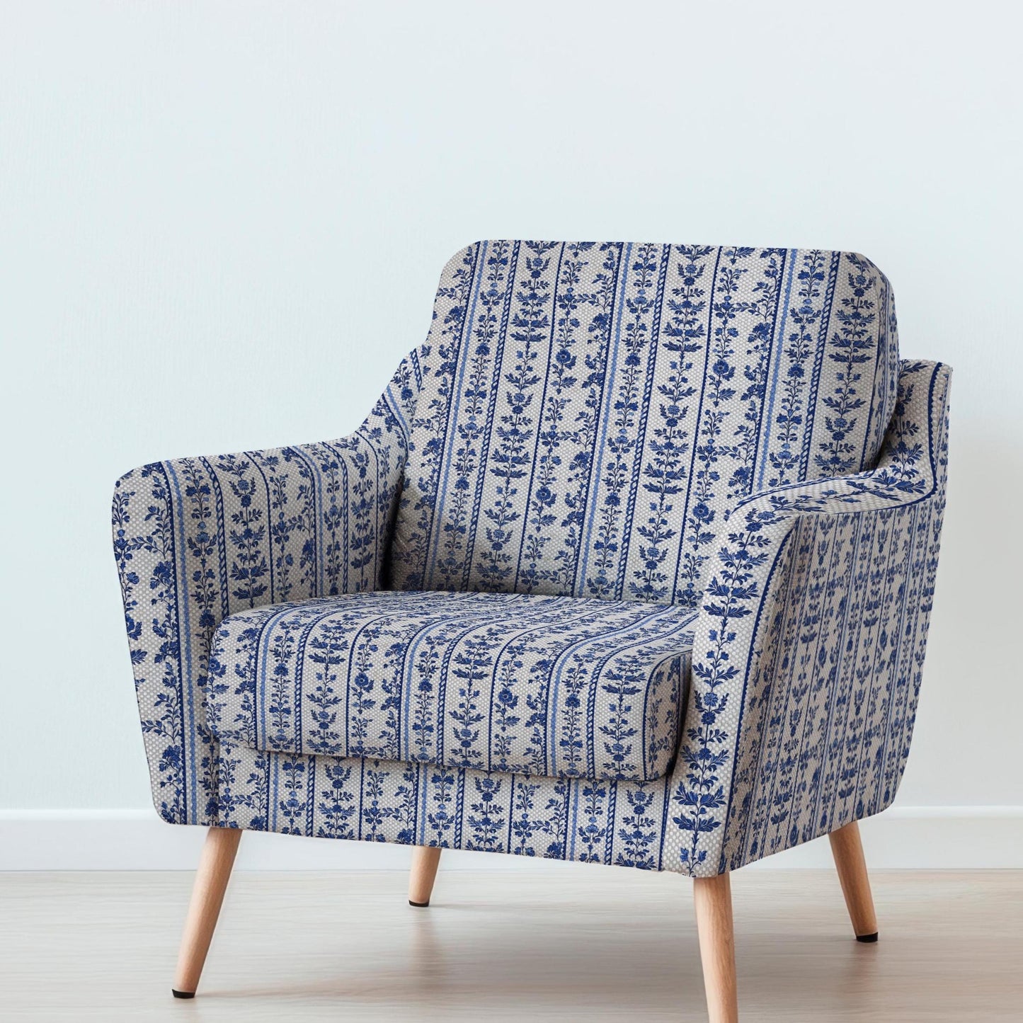 100% LINEN Fabric UPHOLSTERY 12oz - preppy floral blue stripe print on linen - Modern vintage Victorian coastal marine upholstery 369