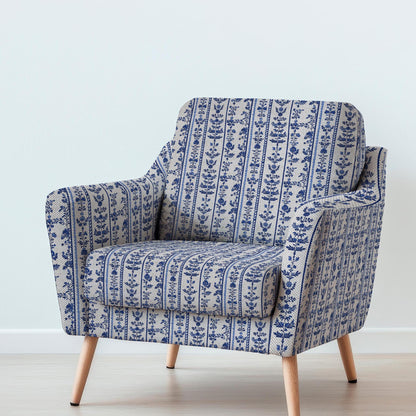 100% LINEN Fabric UPHOLSTERY 12oz - preppy floral blue stripe print on linen - Modern vintage Victorian coastal marine upholstery 369