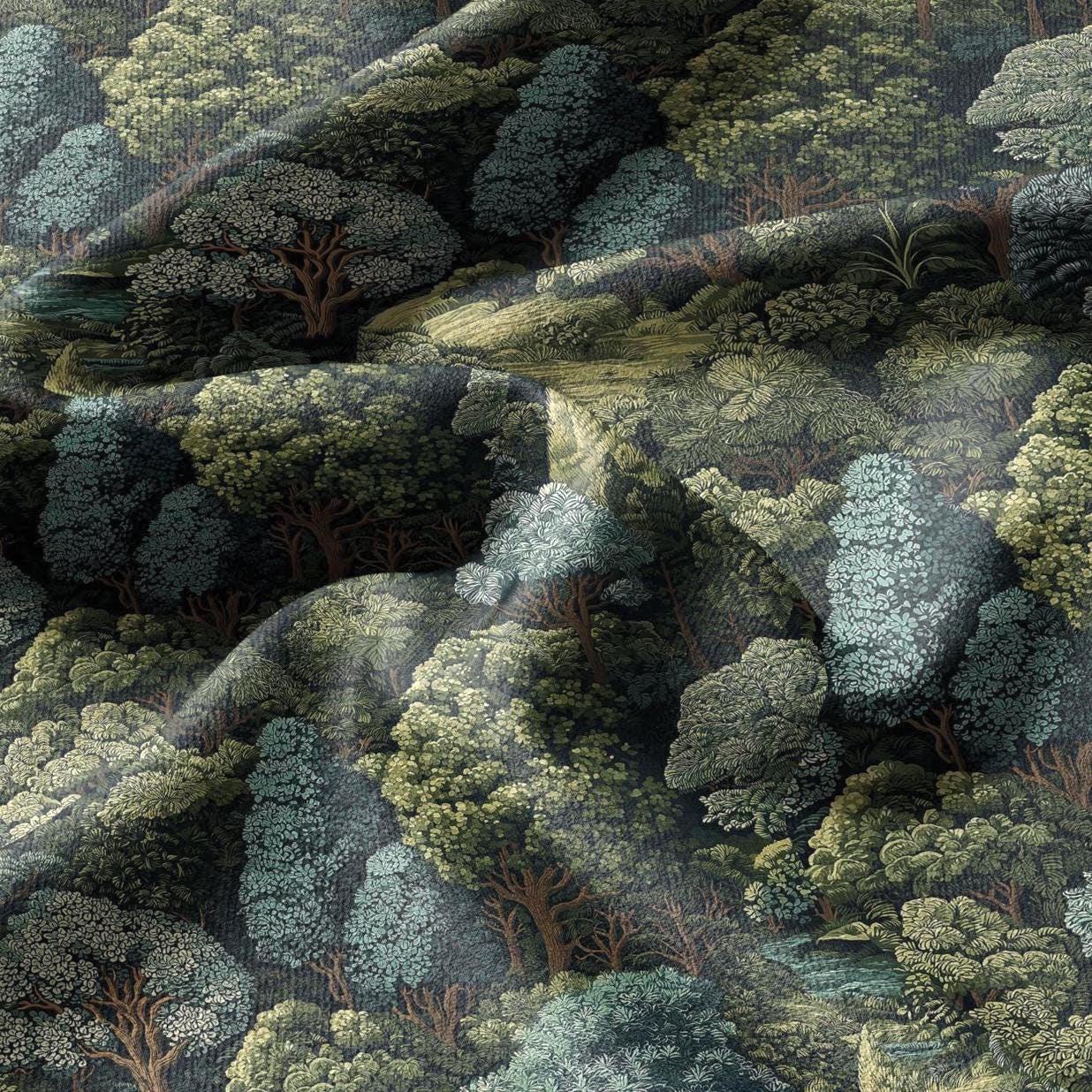 100% linen fabric Verdure tapestry print - Vintage green tree forest botanical  - Historical chinoiserie topiary 3348