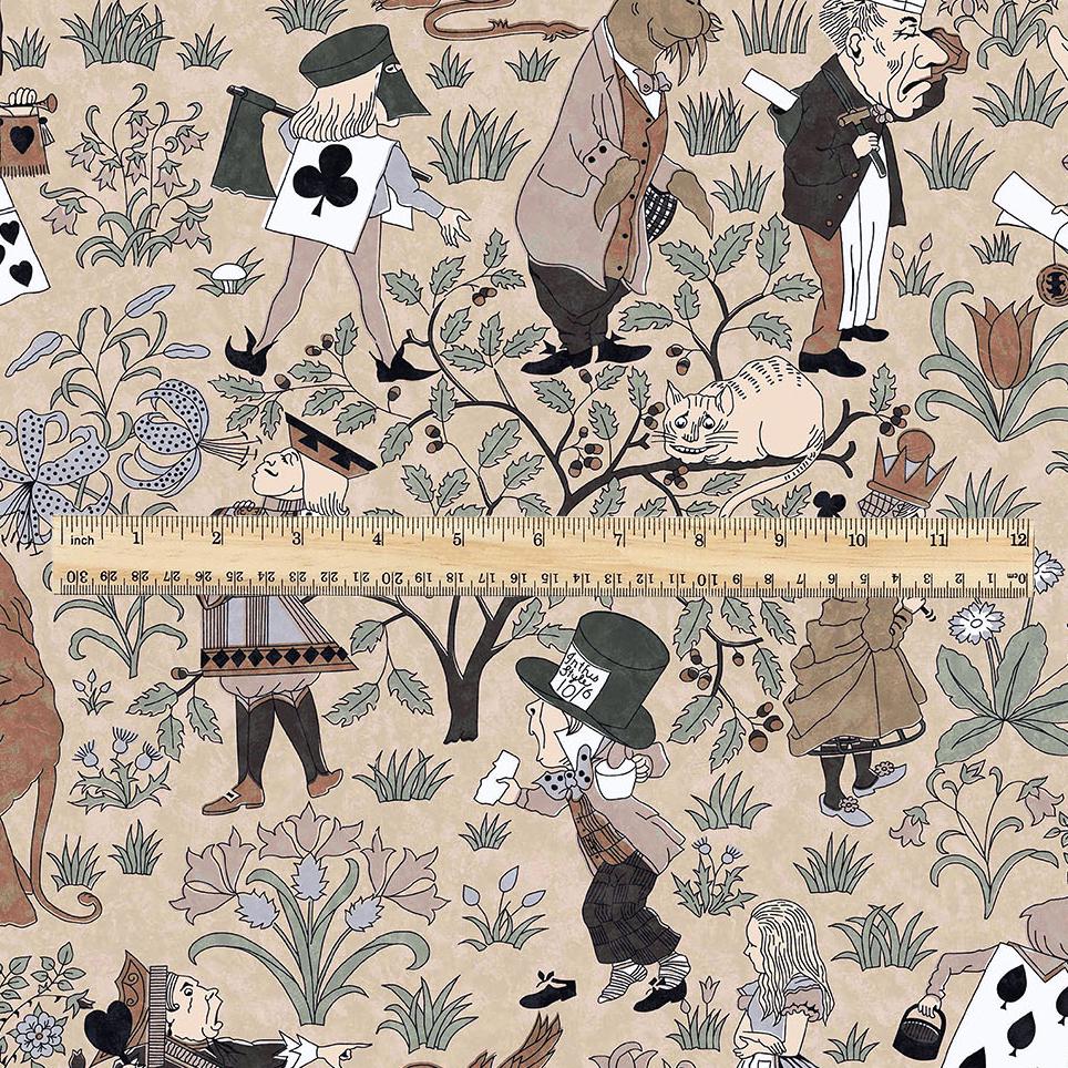 100% linen fabric - Alice in Wonderland beige by Voysey - Victorian Art crafts - Historical pattern for upholstery dress making 3613