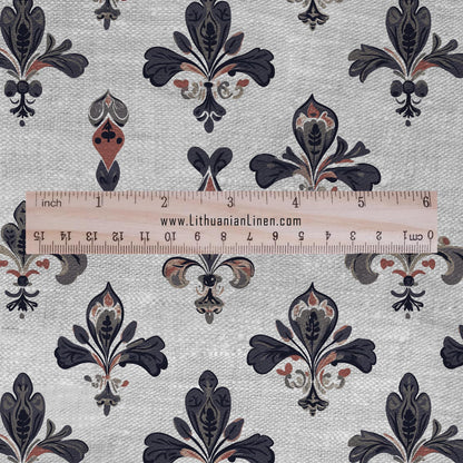 100% LINEN Fabric Fleur de lis print - floral black red gray - for upholstery home decor - medium for dress making 2279