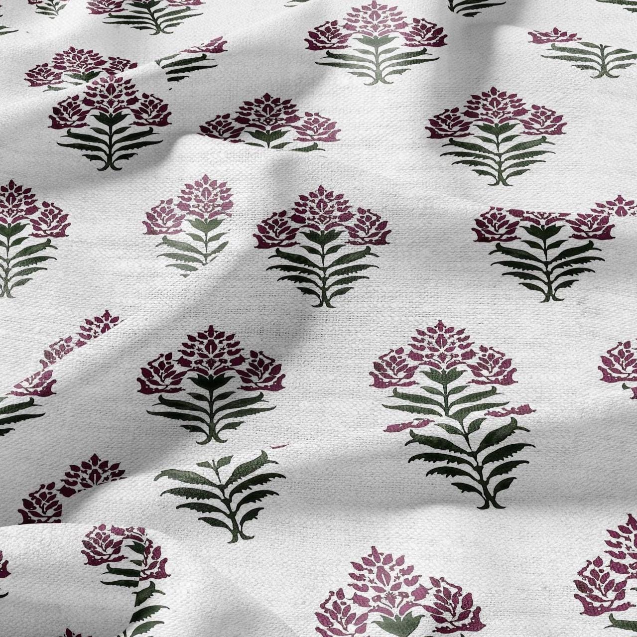 100% LINEN Fabric Block print Parijat flower - botanical upholstery home textile artisan fabrics red green white 2752