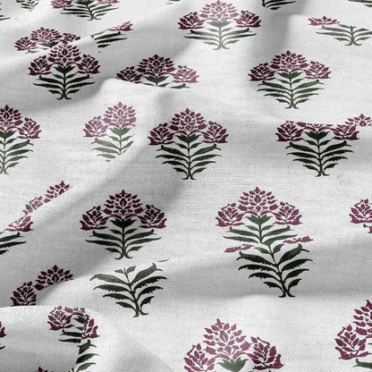 100% LINEN Fabric Block print Parijat flower - botanical upholstery home textile artisan fabrics red green white 2752