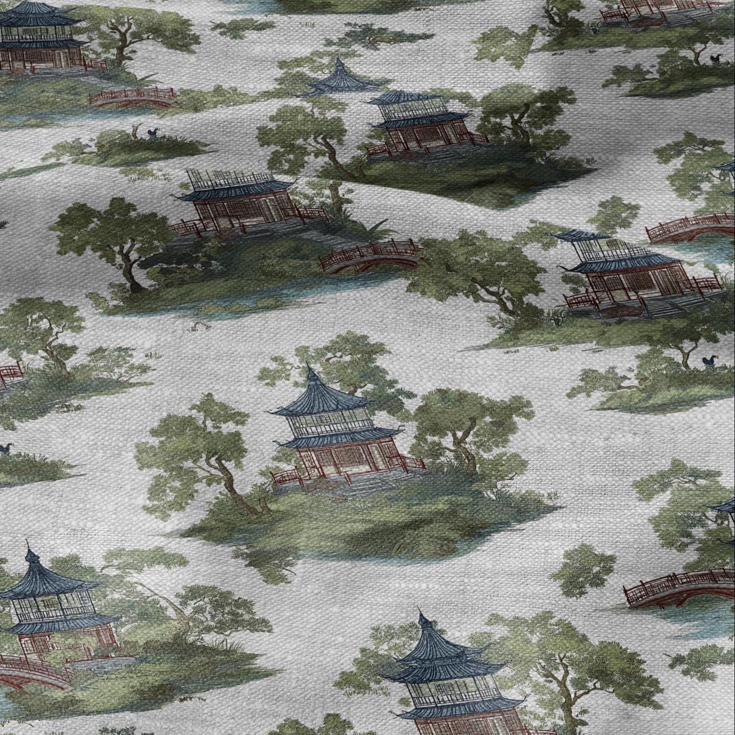 100% LINEN Fabric chinoiserie landscape - floral house print on oatmeal linen for home decor sewign dress clothing 2876