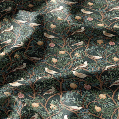 100% linen fabric green pomegranate tree with birds print - Vintage toile de jouy botanical - modern vintage 3388