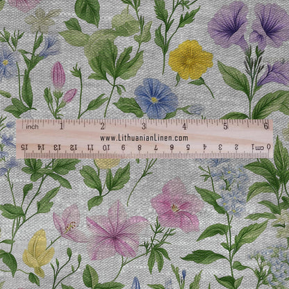 100% LINEN Fabric Summer flowers print - pink green yellow print on oatmeal linen for home decor sewing dress clothing 2209