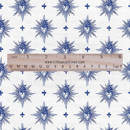 100% LINEN Fabric Sacred heart linen -blue white fabric for upholstery home decor dress making 3006