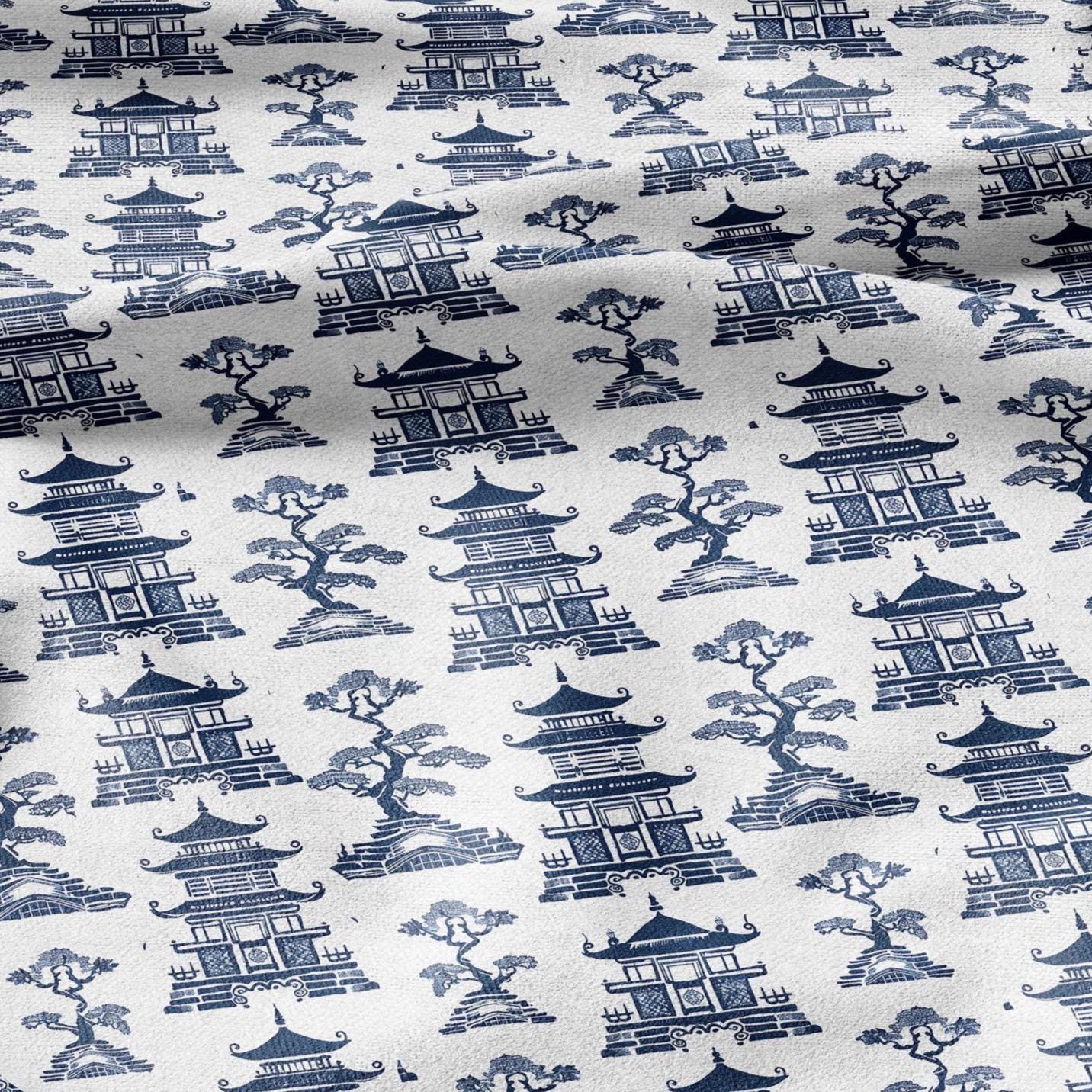 100% LINEN Fabric Pagoda blue print - oriental for upholstery home decor - medium for dress making 2873