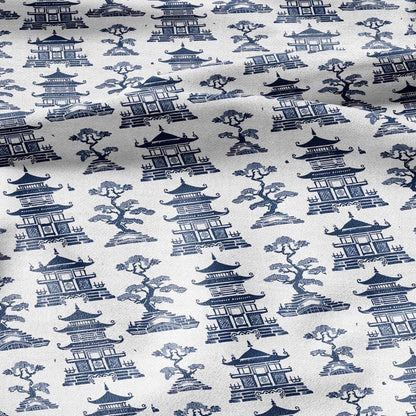 100% LINEN Fabric Pagoda blue print - oriental for upholstery home decor - medium for dress making 2873