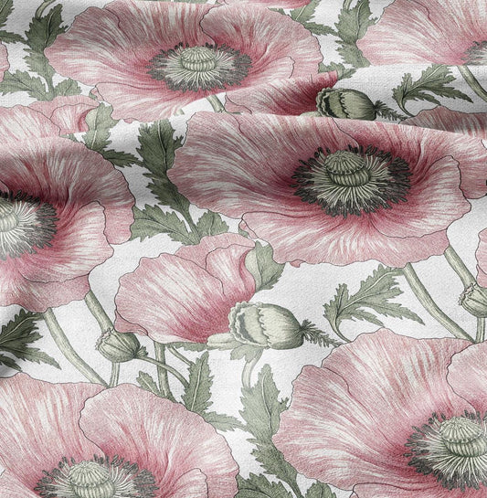 100% LINEN Fabric Floral POPPY print - Hand Drawn Floral Red Flower Vintage linen fabric for upholstery home decor curtains pillowcases