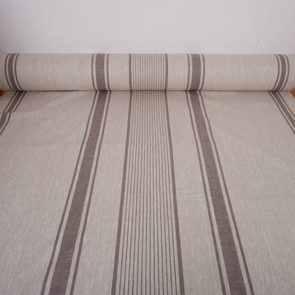 French Natural Linen Fabric with Grey Stripes , 100% linen Classic Textile for Home Decor and Crafts, Not Softened Heavyweight Linen Fabric.
