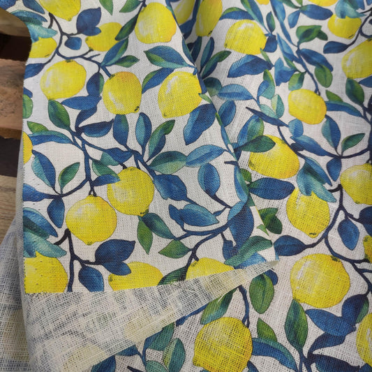 100% LINEN Fabric lemons print, oatmeal natur linen with Italian citrus print, linen fabric home decor upholstery with Italian lemon print