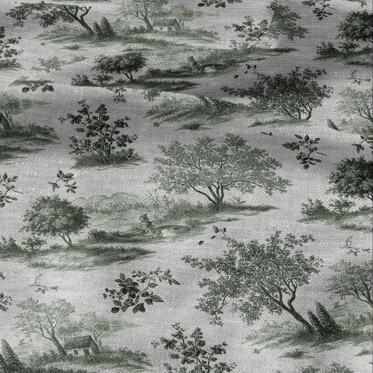 100% LINEN Fabric Country block print on oatmeal natur linen, floral toile de jouy fabric, French linen floral upholstery 3019