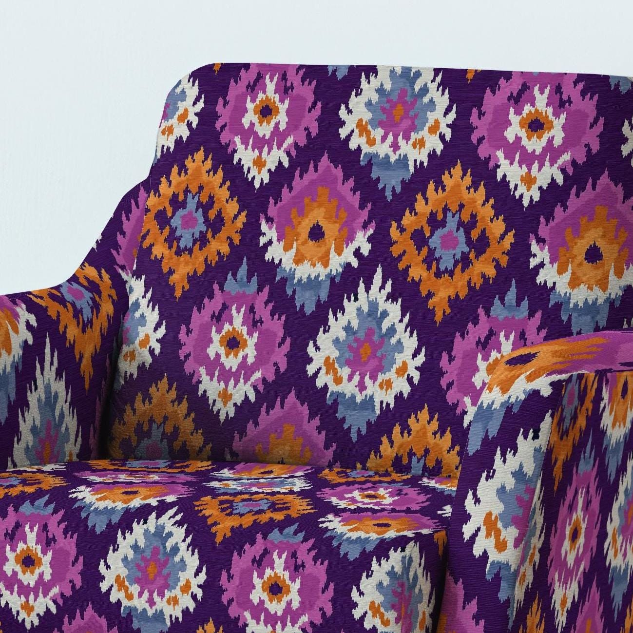 100% LINEN Fabric UPHOLSTERY 12oz - Ikat purple - Modern Vintage Grandmillennial geometric upholstery 2987