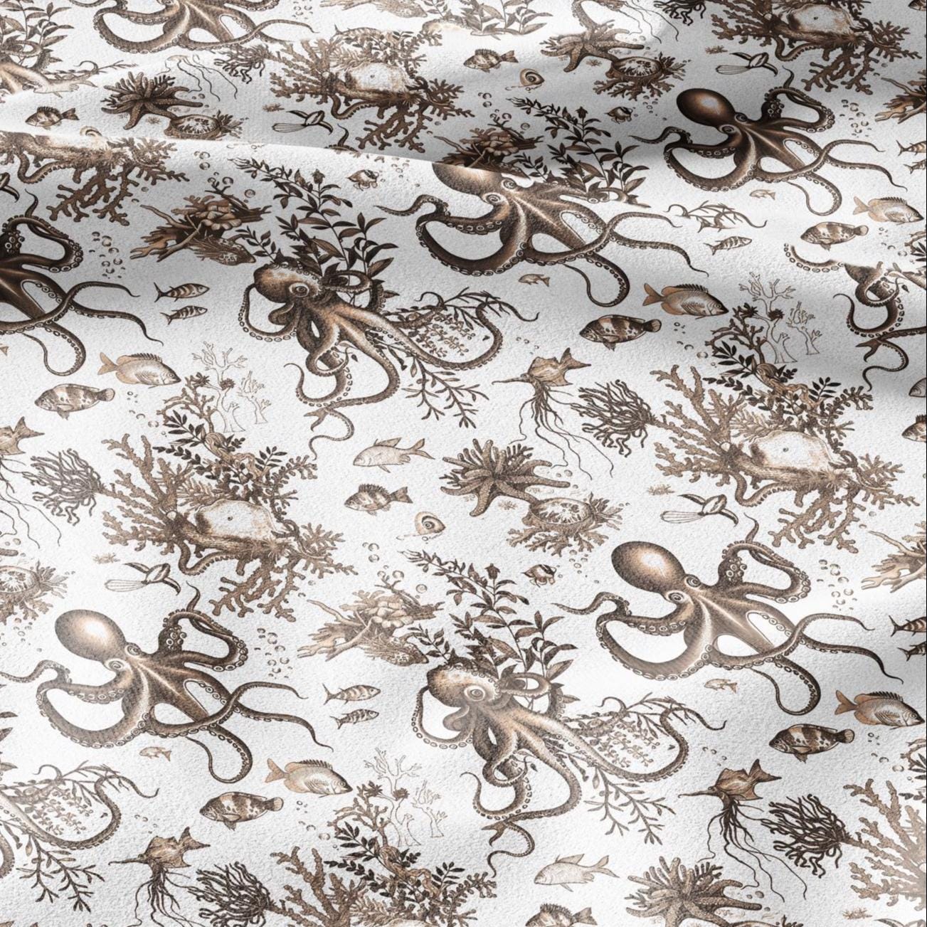 100% LINEN Fabric octopus linen -brown white floral fabric for upholstery home decor dress making 306B