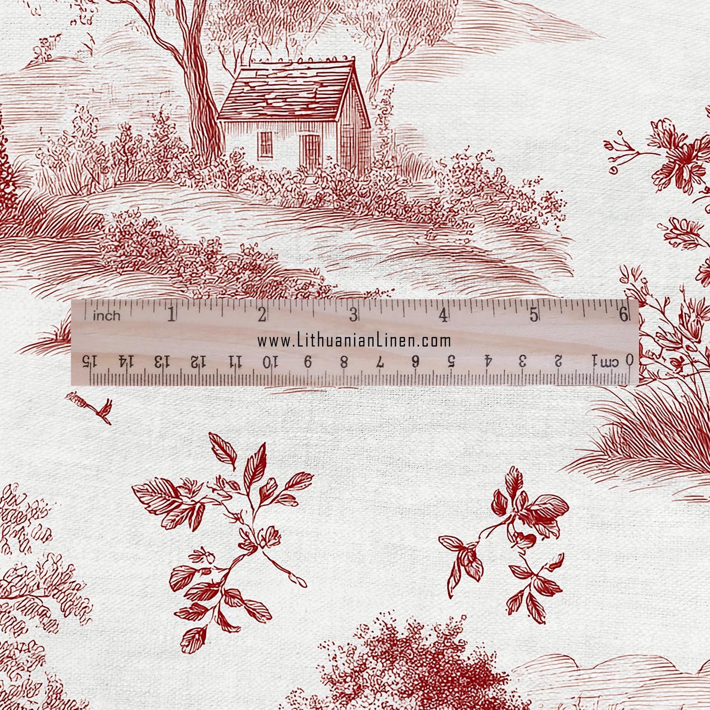 100% LINEN Fabric Countryside landscape - toile de jouy red white print linen heavy for upholstery home decor - medium for dress making 2838