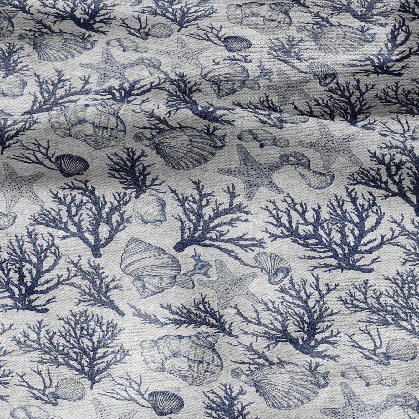 100% LINEN Fabric Shell & Corals print - nautical indigo blue print on oatmeal linen for home decor sewing dress clothing 2364