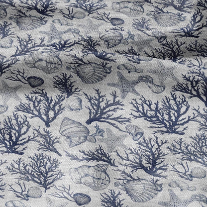 100% LINEN Fabric Shell & Corals print - nautical indigo blue print on oatmeal linen for home decor sewing dress clothing 2364