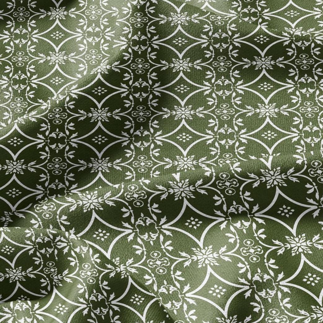 100% LINEN Fabric green floral print - geometric block print -  2874
