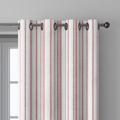 100% LINEN Fabric french red white stripe print - vintage modern  3360