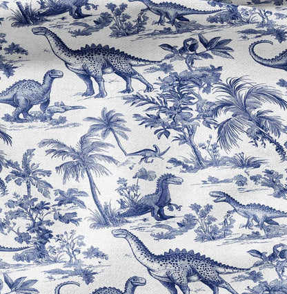 100% LINEN Fabric Toile de Jouy with dinosaures - white botanical fabric with blue indigo print - French linen floral Dino Nursery fabric