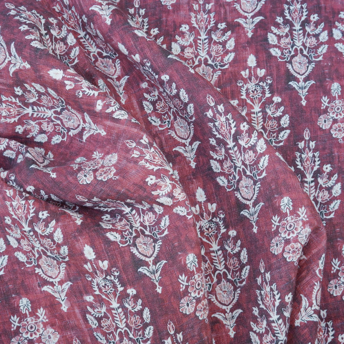 100% LINEN Fabric block print indian red  3662 -  oatmeal linen fabric with green floral print decor